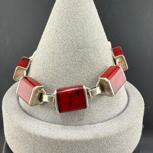 Vintage Sterling Silver Toggle Bracelet Red Stone Rectangular Link 7in